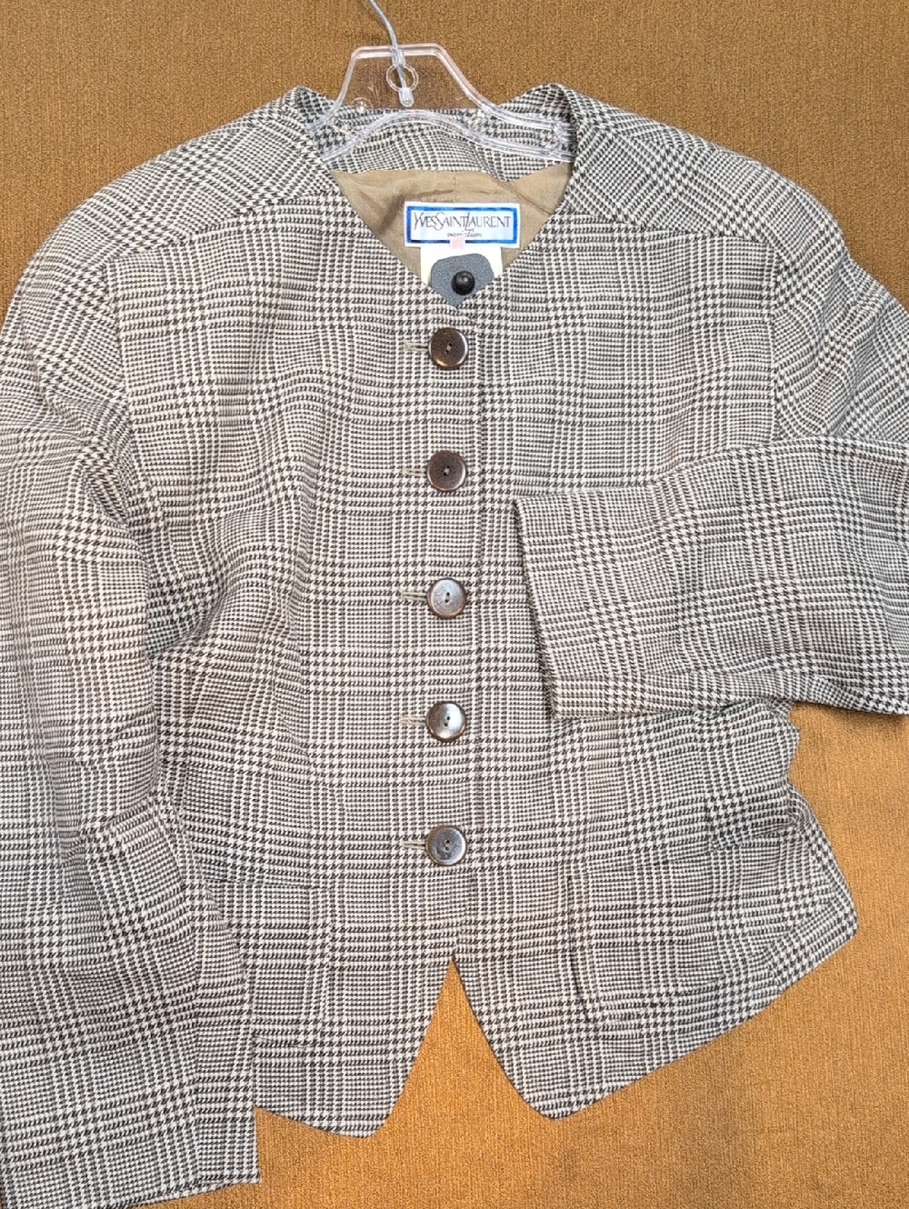 Yves Saint Laurent Beige and Black Glen Plaid Collarless Blazer